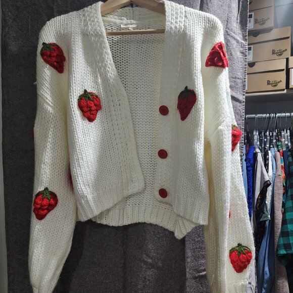 Strawberry Pattern Button Down Knit Cardigan - Picture 2 of 5